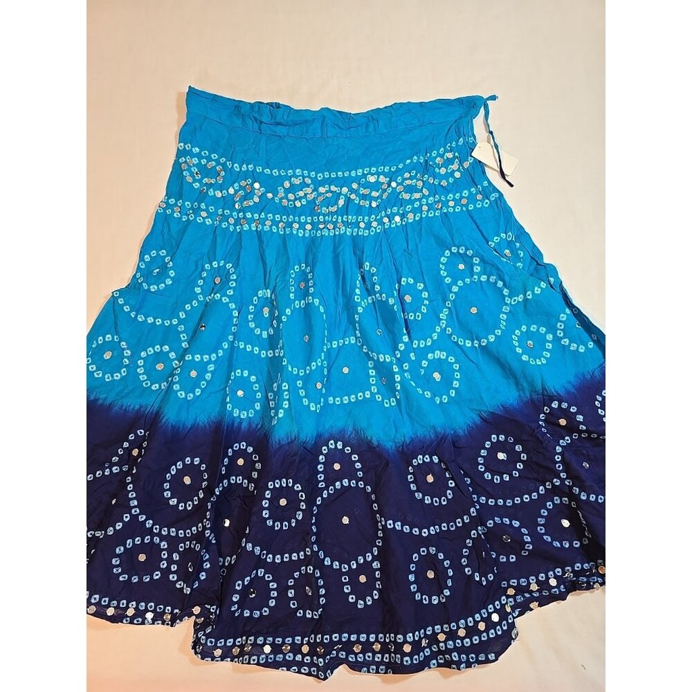Handmade Blue boho midi skirt adjustable tie waist mirror‎ sequins One Size New